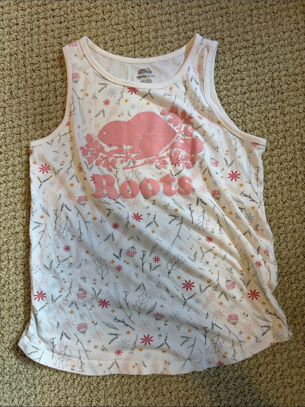 Roots Girls’ White Tank Top with Pink Beaver Logo and Floral Print